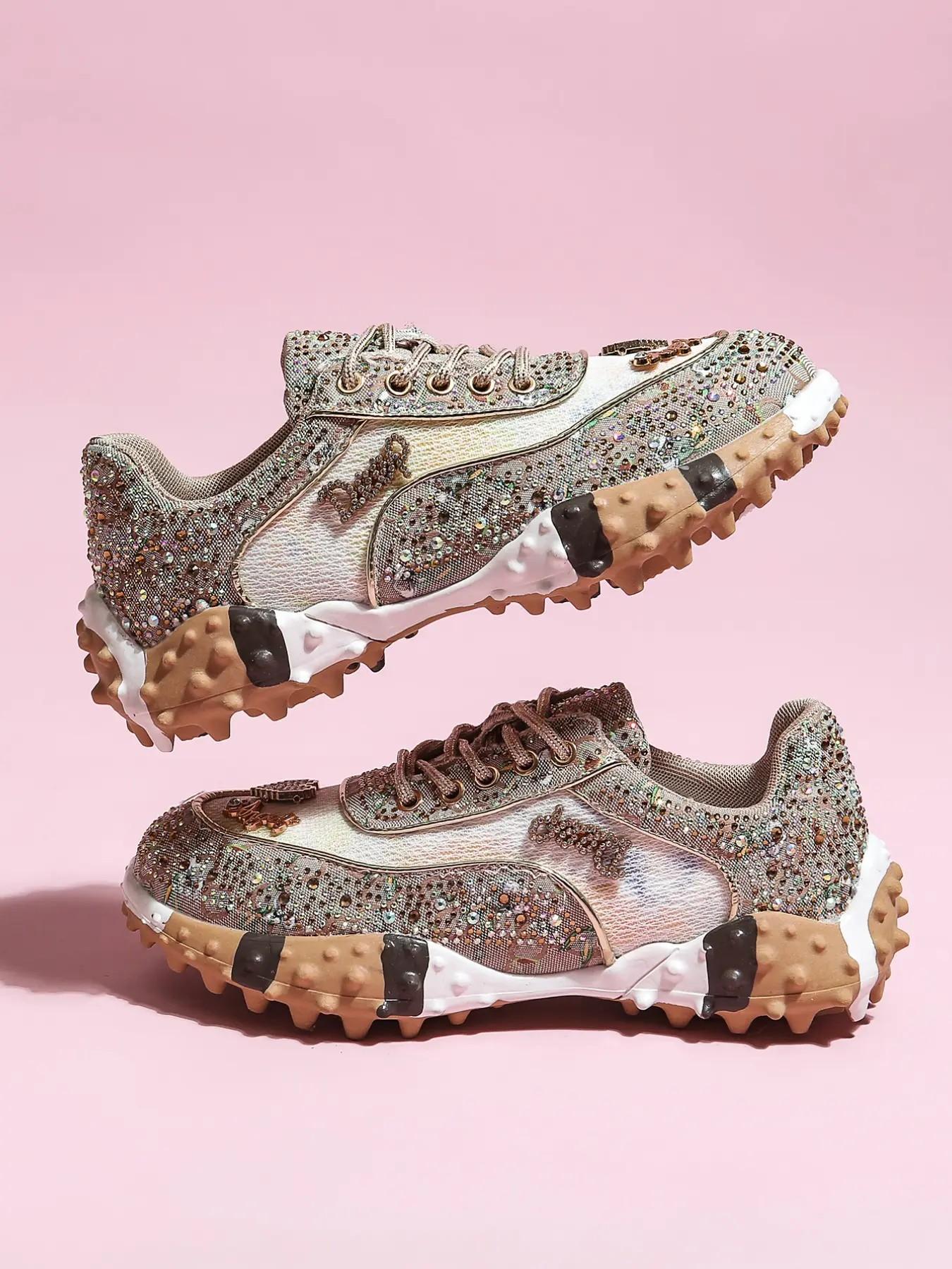 Women's Thick Sole Height Increasing Dad Shoes, Handmade Embellished Fashion Luxury Casual Women's Shoes, Unique Design Comfortable Sneakers