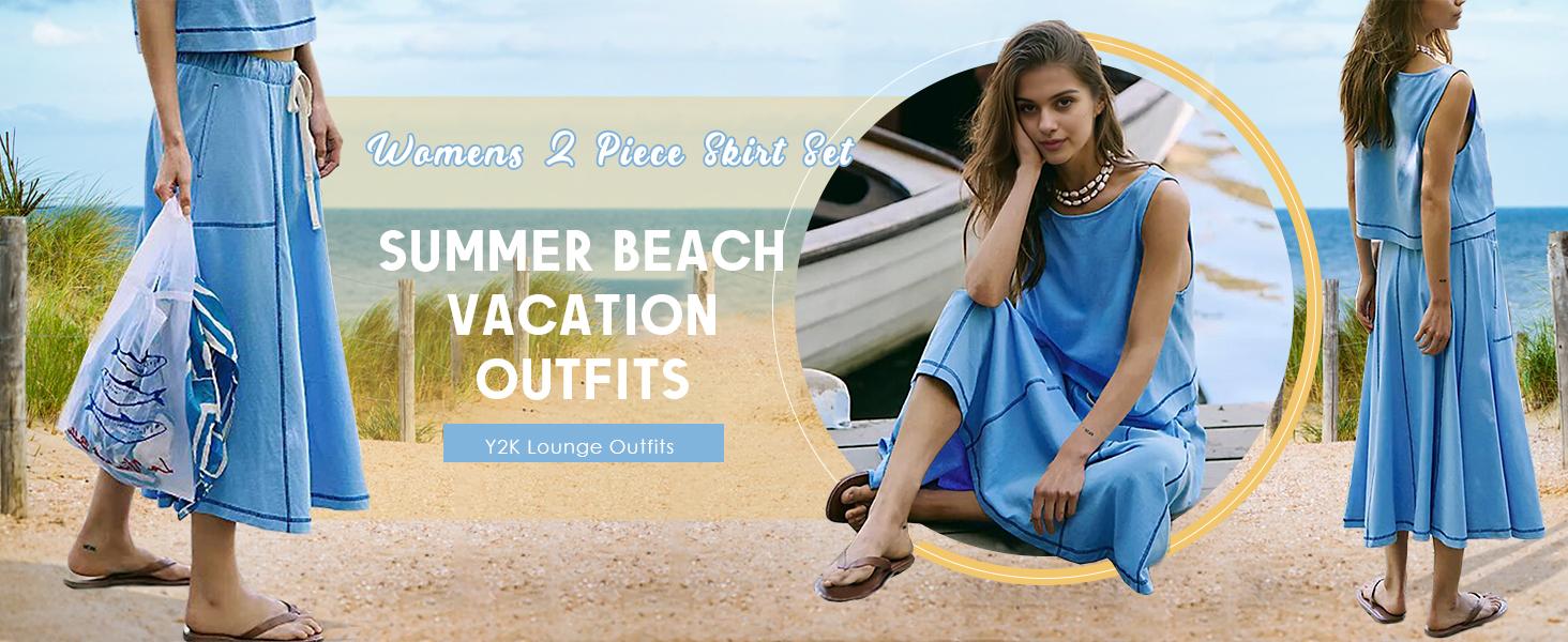 UANEO Women's Two Piece Venetia Skirt Set Summer Casual Matching Outfits Pockets Sleeveless Cropped Top Elastic Waist Midi Flowing Maxi Skirt