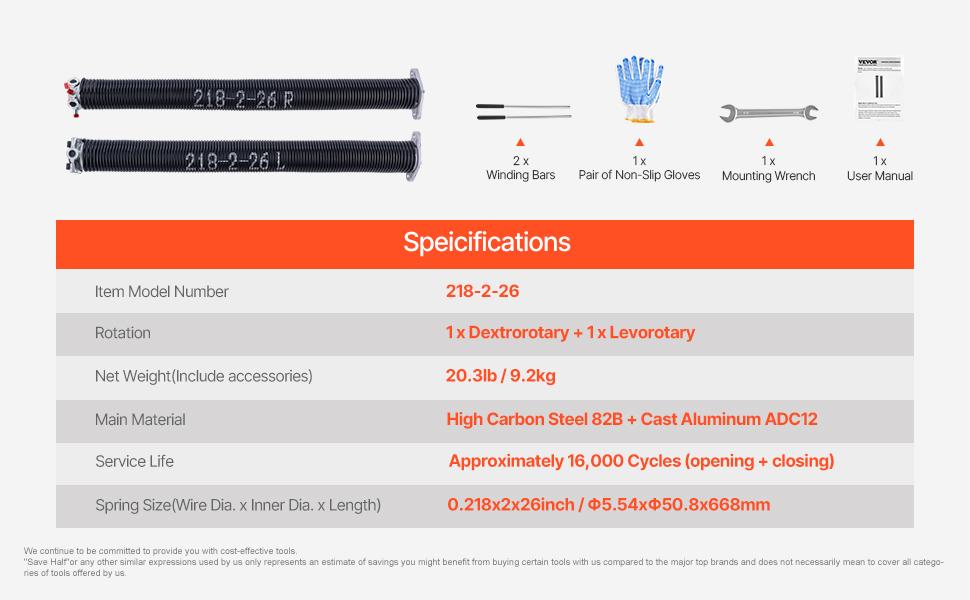 VEVOR Garage Door Torsion Springs, Pair of 0.218x 2x 26 in, 16000 Cycles, Electrophoresis Black Coated for Replacement, Garage Door Springs with Non-Slip Winding Bars, Gloves and Mounting Wrench