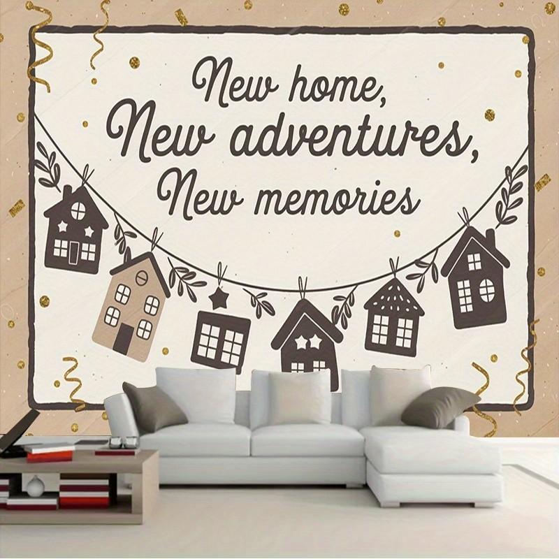 1pc Housewarming Party Banner - "New Home, New Adventures, New Memories" Backdrop Decor with Golden Glitter & Cartoon Houses  Polyester,  Perfect for Holiday Parties, Home Decor & Studio Props, Photo Booth Prop | Ru