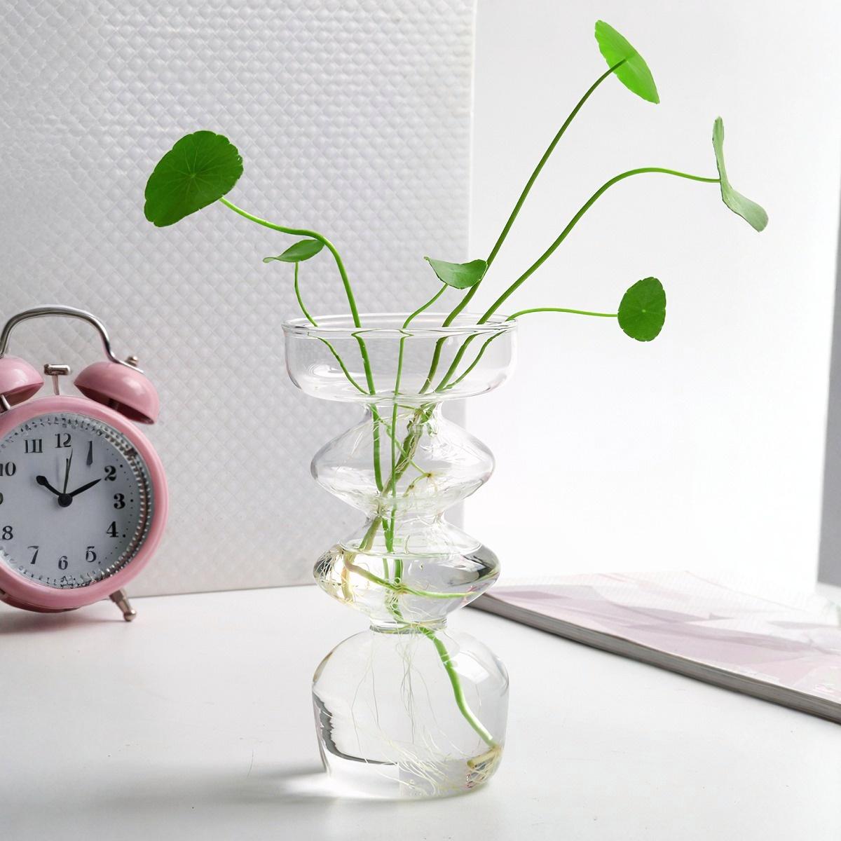 Modern Glass Vase, Hand-Blown Transparent Flower Pot, Unique Shape, Home Desktop Decoration, Water Culture Plant Container, Decorative Vase