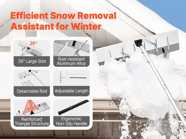 VEVOR Snow Roof Rake, 26 in Aluminum Blade, 7.5-20 ft Adjustable Roof Snow Scraper with Wheels, Anti-Slip Handle Snows Removal Tool, Lightweight House Rooftop Rake for Leaves Debris Removal