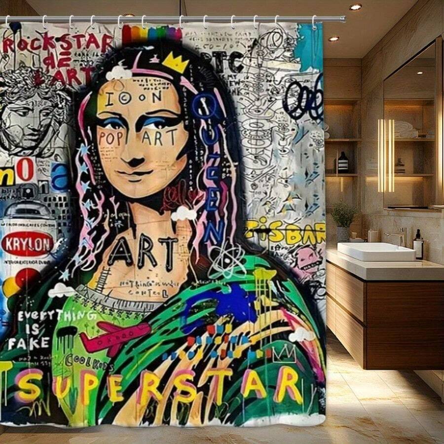 One Colorful Graffiti Art Portrait Shower Curtain Designed For Home Decor, Featuring A Non-Perforated Partition For The Bathroom, Machine Washable, And Comes With Hooks For Easy Setup