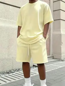 Men's casual loose-fit short-sleeved top and shorts set, light yellow set, men's trendy multi-coloured two-piece set