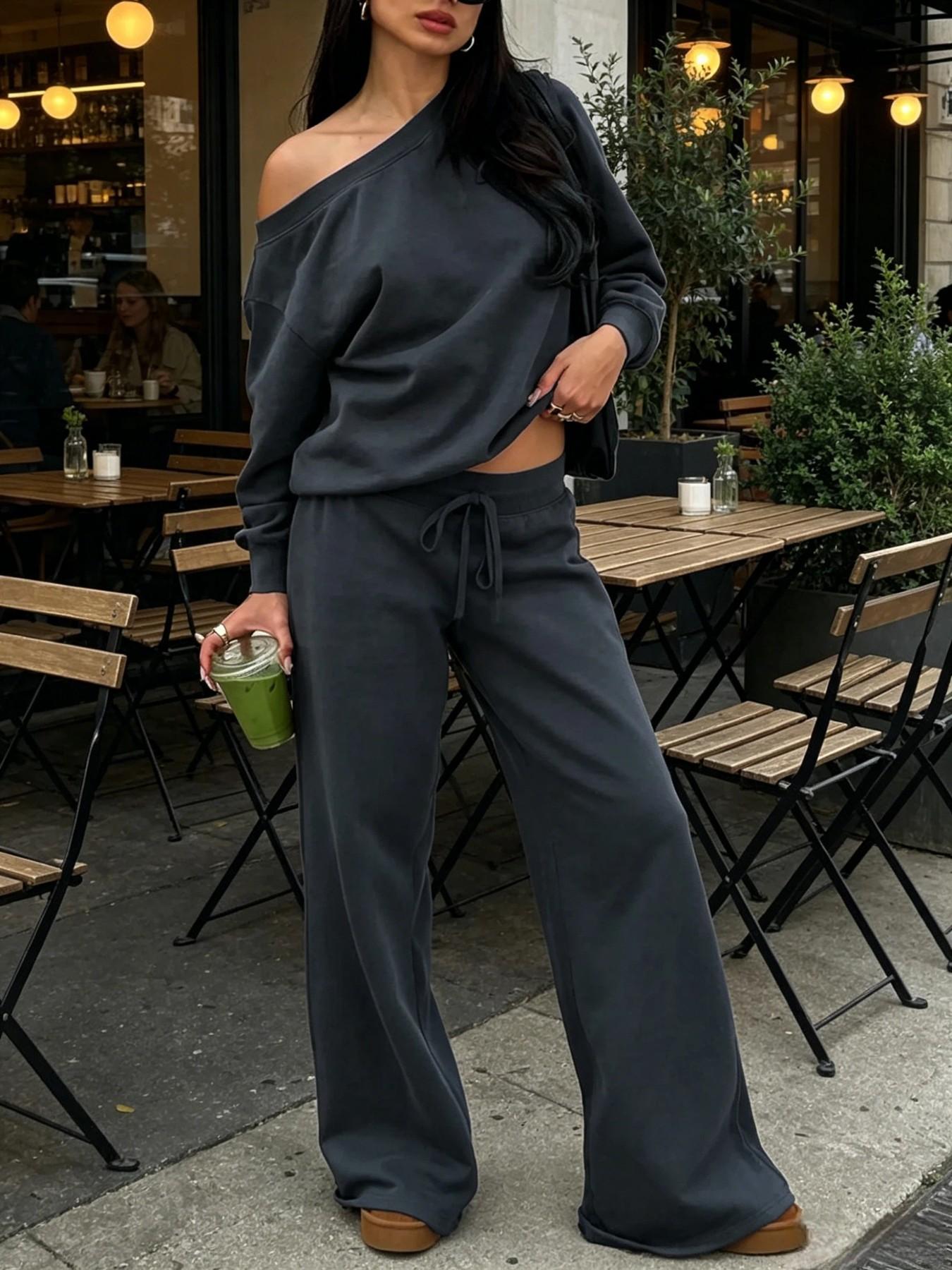 Casual Two-Piece Set, Long Sleeve Asymmetrical Top + High-Waist Drawstring Wide-Leg Pants, Slimming Loose Fit for Women