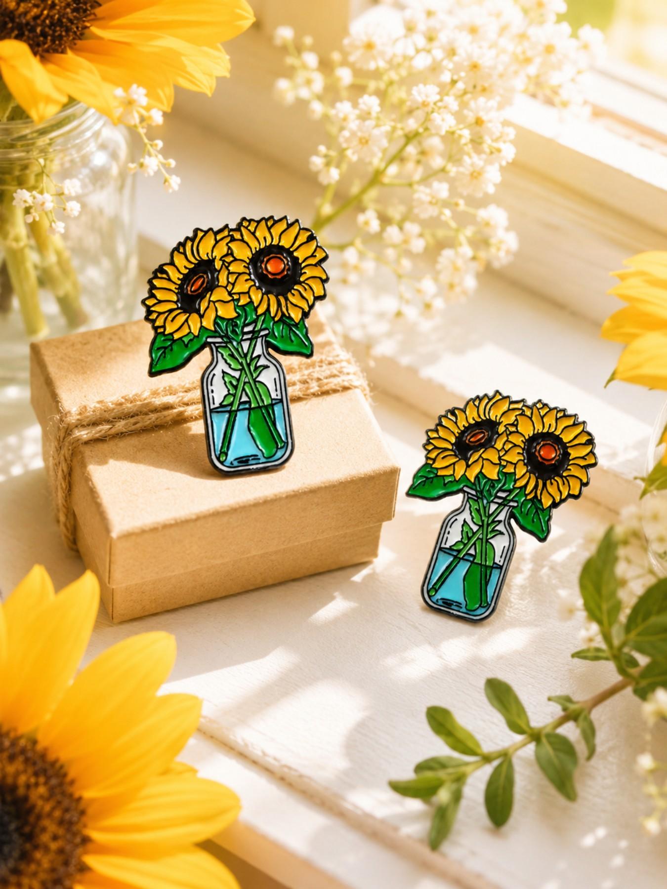 Floral Sunflower Jar, Enamel Pin Brooch, Collectible Pins, Durable Alloy Hard Enamel, For Women Garden Lovers Pin Fans Collectors, For Tote Bags Denim Jackets Lapels, Cheerful Aesthetic Style, Charming Gift for Best Friends Sisters Coworkers