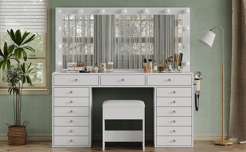 FUSOU [ Valentine's Day ] 55" W Vanity Desk, Makeup Vanity with Charging Station, 15 Drawers Vanity with Lighted Mirror, 3 Lighting Modes, Brightness Adjustable, Glass Top, Vanity Table with Chair for Bedroom