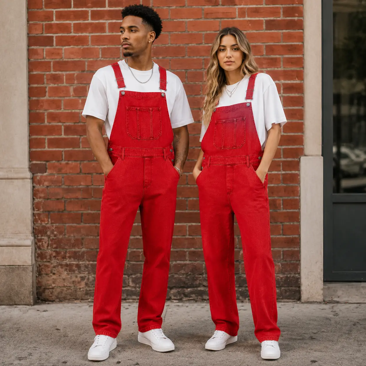 Red Denim Overalls for Men Women, Unisex Bib Jumpsuit, Adjustable Strap Straight Leg Pants, Casual Streetwear One Piece Outfit, Workwear Style Dungarees with Pockets, Summer Festival Clothes, Couple Matching Outfit, Everyday Fashion Romper Gift Ideas