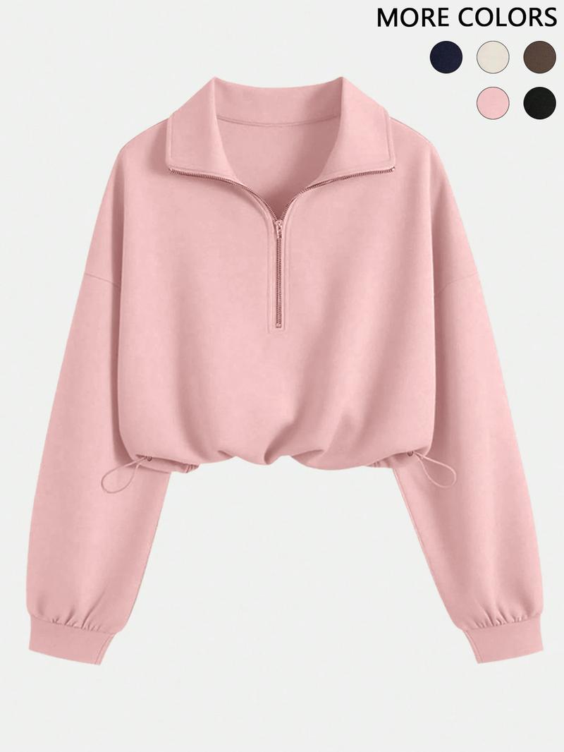 Women's Half-Zip Stand Collar Drawstring Short Sweatshirt, Comfortable and Stylish Pullover for Spring & Fall