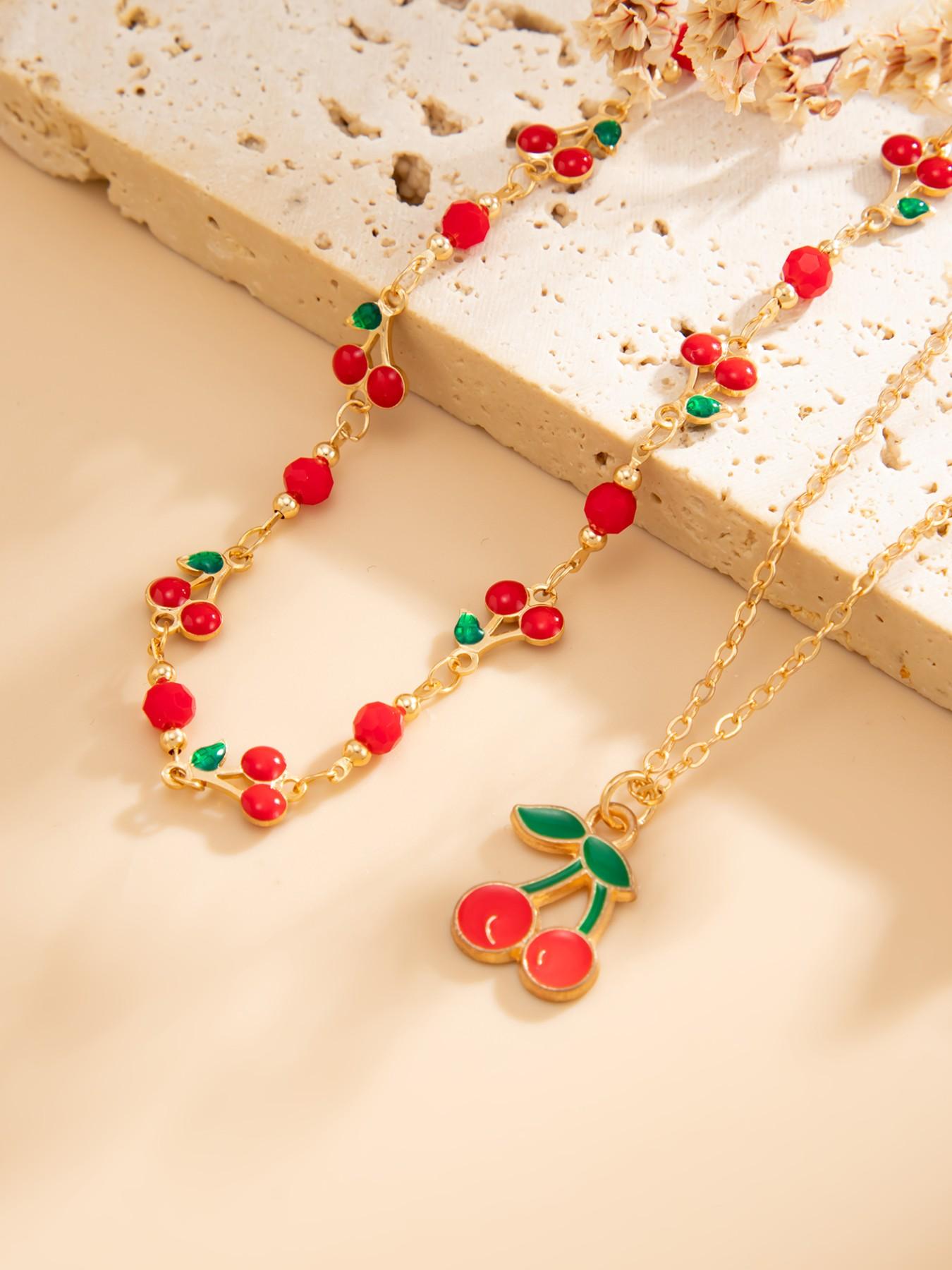 Beaded Multi-Layer Anklet Set, Cherry Design, Cute Style, Zinc Alloy Material, Spring Summer Fashion Accessory