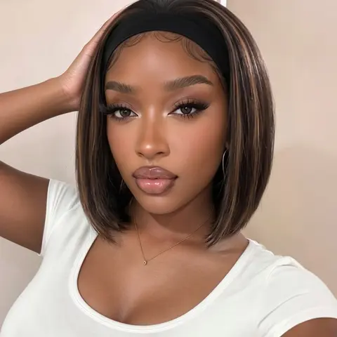 Short Headband Wig, Highlight Brown Wig for Women, Straight Bob Wig, 10/14 Inch Headband Wig, Wear and Go Glueless Wig, Synthetic Wig for Parties & Daily Use, Bob Hair Wig