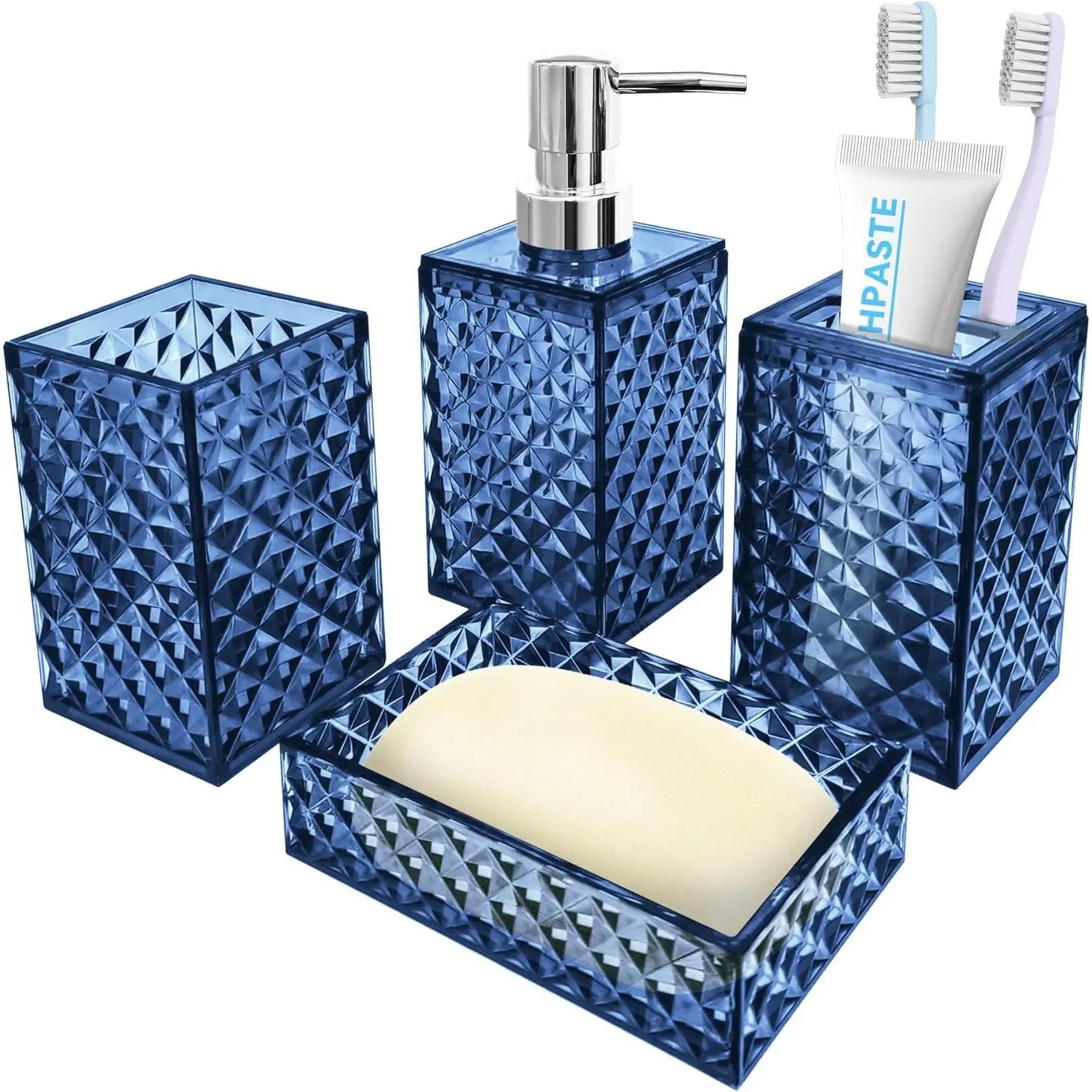 4 PCS Blue Bathroom Accessory Set,Plastic Bathroom Accessories Sets | Soap Dispenser and Toothbrush Holder Set, Soap Dish and Mouthwash Cup, Boho Bathroom Decor, Plastic Bathroom Sets Accessories