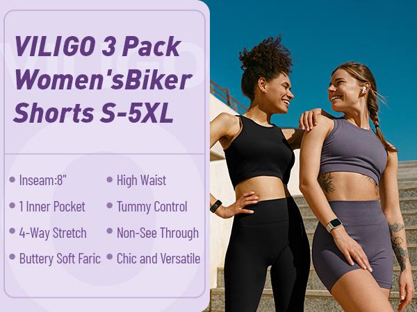 VILIGO 3-Pack 8" Biker Shorts for Women – High-Waisted Yoga Shorts with Tummy Control, Hidden Pocket, Stretchy & Soft, 75% Nylon, 25% Spandex, Perfect for Workout & Casual Wear