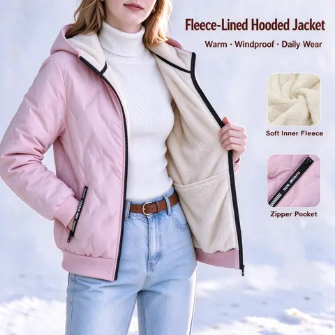 Women’s Basic Feminine Fleece-Lined Hooded Jacket, Casual Quilted Winter Full-Zip Coats, Longsleeves Outerwear with Zipper Pockets, Fitted Tops