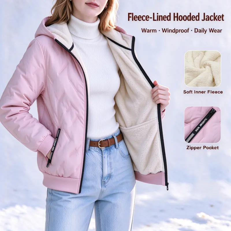 Women’s Basic Feminine Fleece-Lined Hooded Jacket, Casual Quilted Winter Full-Zip Coats, Longsleeves Outerwear with Zipper Pockets, Fitted Tops