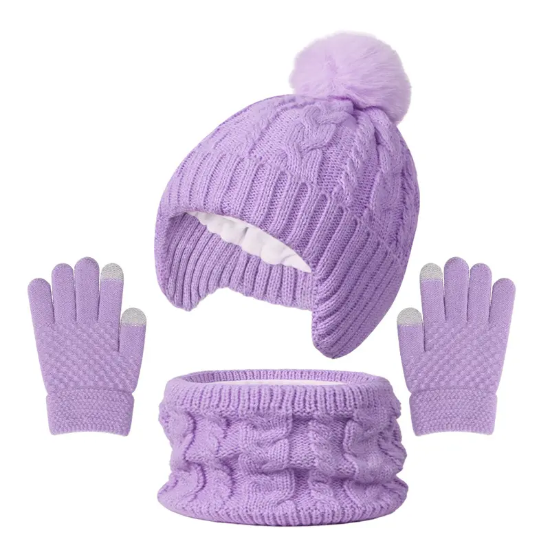 2026 Autumn Winter New 3 Pieces Kids Hat Scarf Gloves Set Single Pom Pom Baby Toddler Thermal Warm Outdoor Sports Cold Weather Accessory Set Unisex