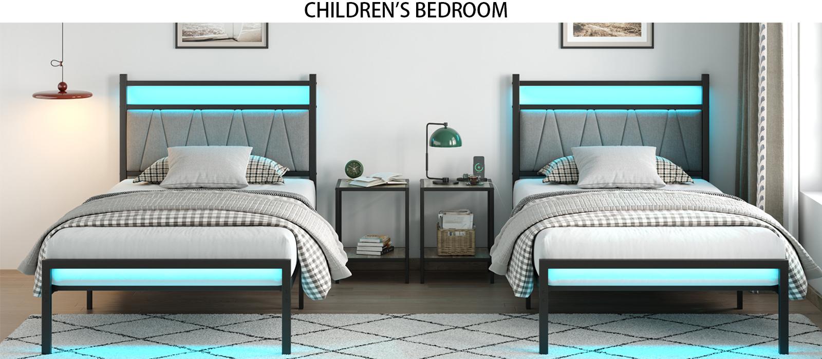 CollaredEagle Twin/Full Size Bed Frame with Charging Station, Metal Platform Bed Frame with Fabric Upholstered Headboard, No Box SpriLarge Underng Needed,  Bed Storage, Non-Slip Black/White. Bedroom Bedframe Bedroom Furniture