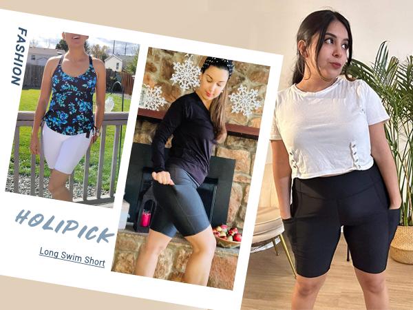 Holipick Women Tummy Control Swim Shorts High Waisted Biker Shorts with Pockets Swimming Shorts Boy Short Swim Bottoms