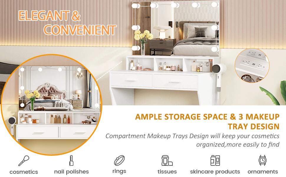 Vabches 31.5in(W) Makeup Vanity with Lighted Mirror & Power Outlet, White Vanity Set Vanity Desk, Clearance Makeup Vanity 3 Lighting Colors, Brightness Adjustable