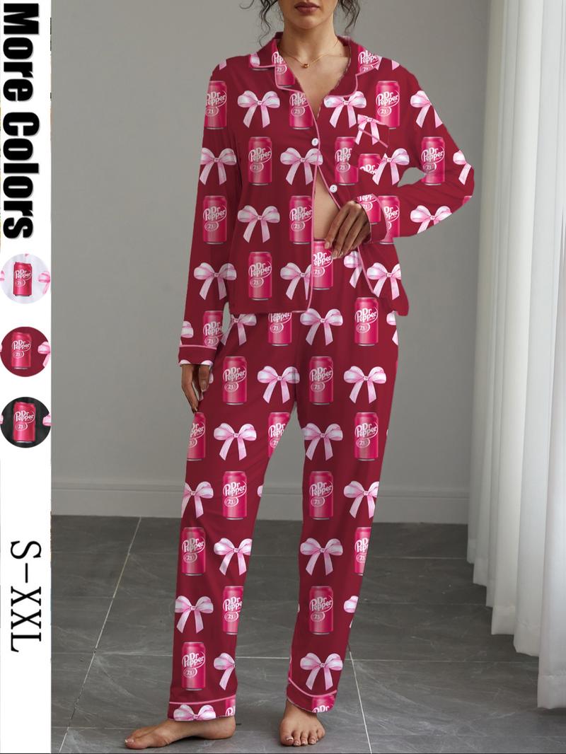 Dr Pepper,Women's Fall Winter Home Set, Soda Pattern Printed Sleepwear, Shirt Collar Button Long Sleeve Top and Loose Elastic Pants, Pajama Set