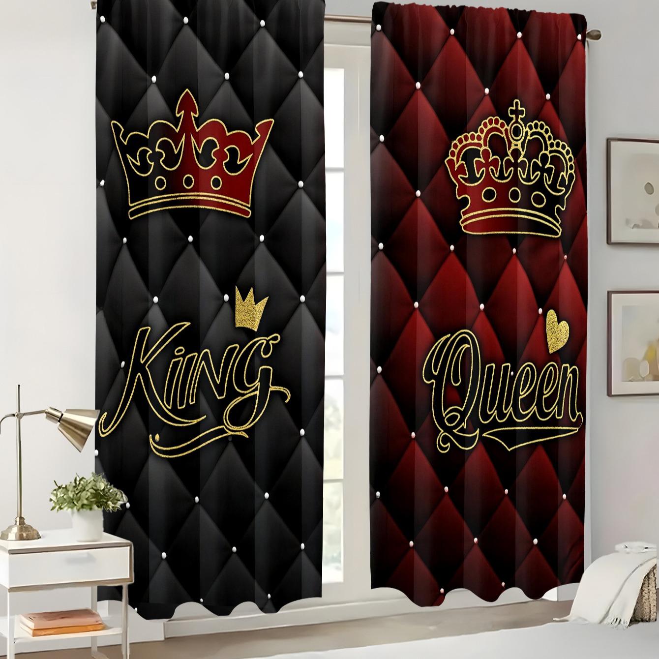 King & Queen Crown Pattern Curtains Set, Polyester Fiber Material, Light Luxury Palace Style, Rod Pocket Design, Suitable for Bedroom Living Room Decor, Window Curtain, Home Decoration Curtain