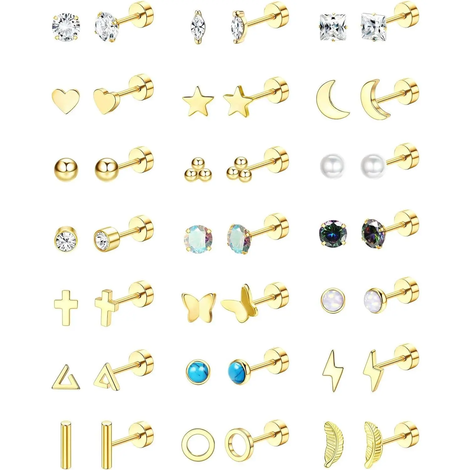 CASSIECA 21Pair Surgical Steel Stackable Earrings Set Hypoallergenic, Non Tarnish, Tarnish Free Crystal Set Earrings with Flat Back Screw Back Small Studs for Sensitive Ears & Cartilage Piercings Sohochic