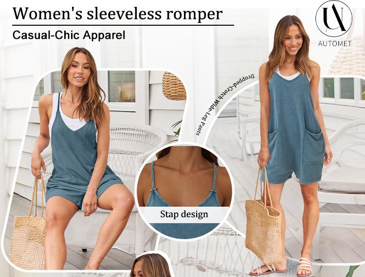 AUTOMET Fade Craft Loose Romper- Vintage Acid Wash Womens Sleeveless Casual Summer Spaghetti Strap Overalls Shorts Jumpsuit with Pockets