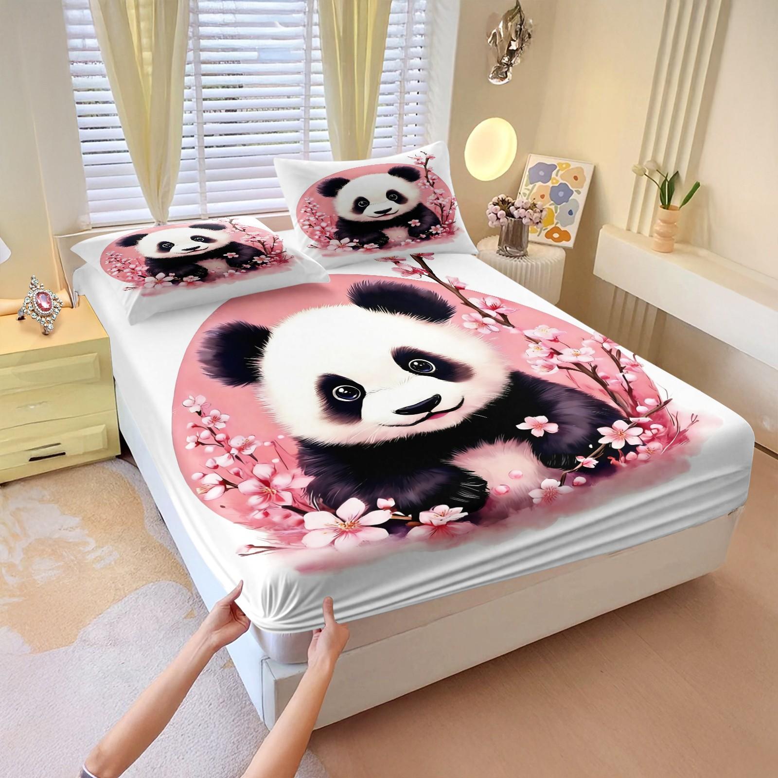 Cute Panda Cherry Blossom Fitted Sheet Set, Watercolor Floral Panda Bedding for Girls, All Season Panda Bedding, Perfect Gift for Panda Lovers Cute Panda Cherry Blossom Fitted Sheet Set, Watercolor Floral Panda Bedding for Girls, All Season Panda Bedding, Perfect Gift for Panda Lovers