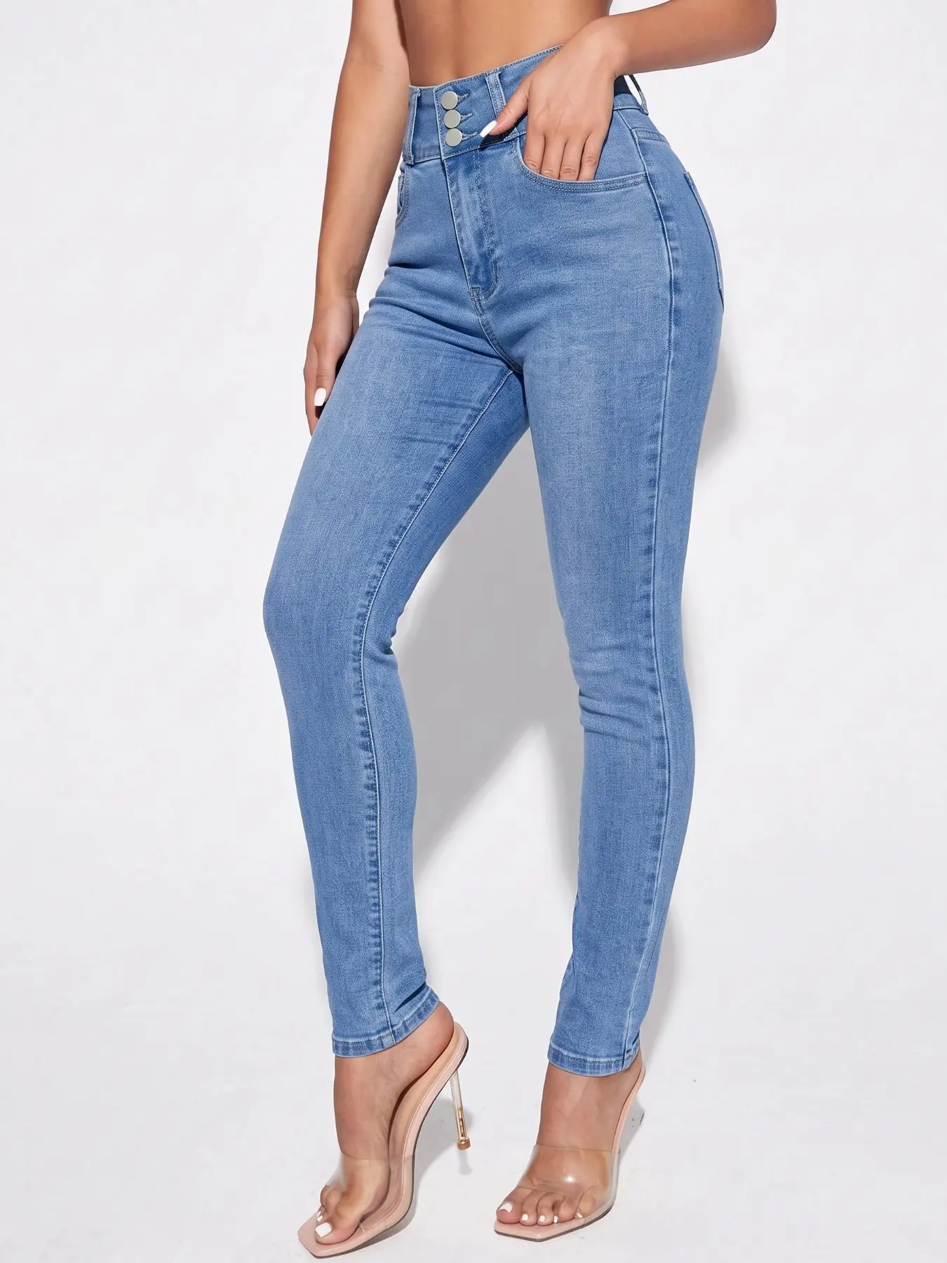 Light Blue Slim-Fit Jeans for Women, Three-Button Back Seam Design, Casual Daily Wear, Plain Surface, All Seasons