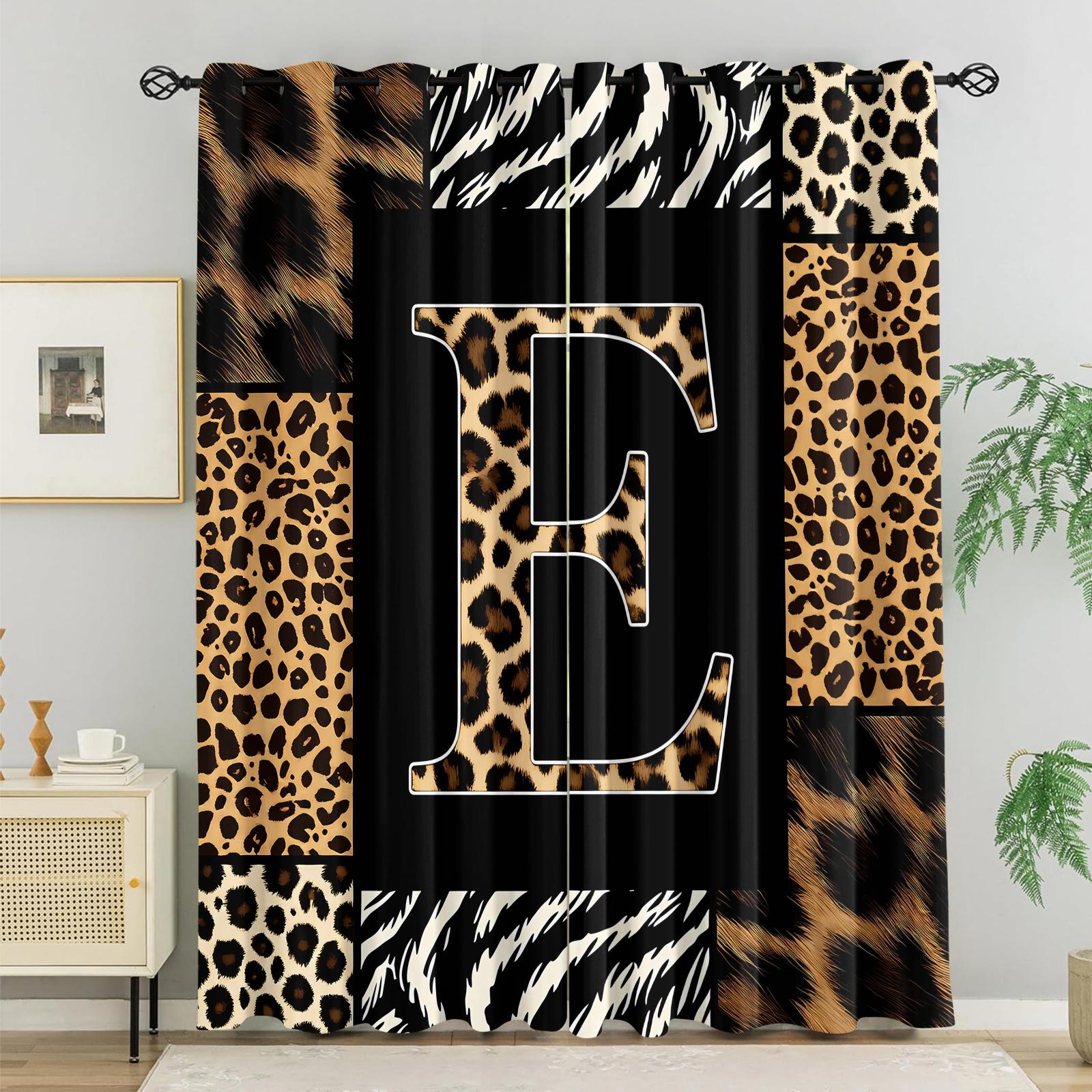 2 Panels 26 Letters Leopard Print Curtains, 80%-90% Light Blocking Curtains, Alphabet Printed Curtains, Stylish Decor Curtains for Bedroom Living Room, Wild Style Window Drapes, Ideal Gift
