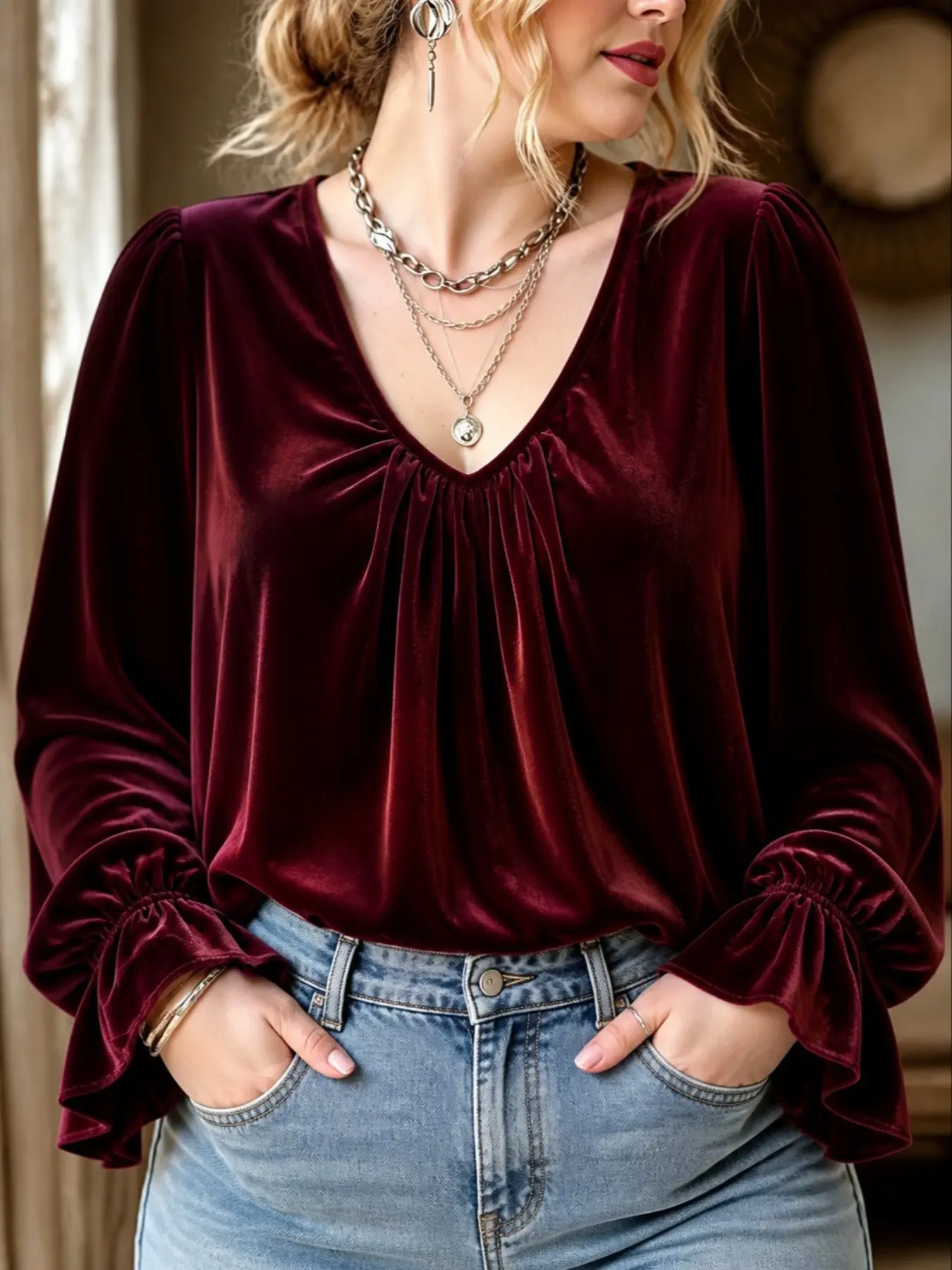 Plus Size Women's Velvet Blouse, V Neck Front Pleated Fall Top, Casual Flared Sleeves, Elastic Waist, Loose Fit Velvet Shirt