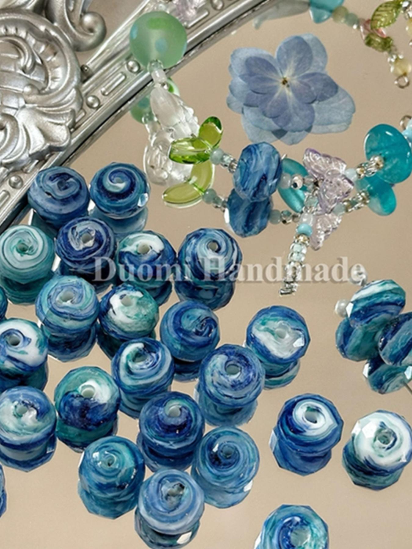 5pcs Blue Oil Painting Style Cut Glass Beads for DIY Jewelry Making, Ditsy Floral Pattern, Contemporary Design for Bracelets & Necklaces