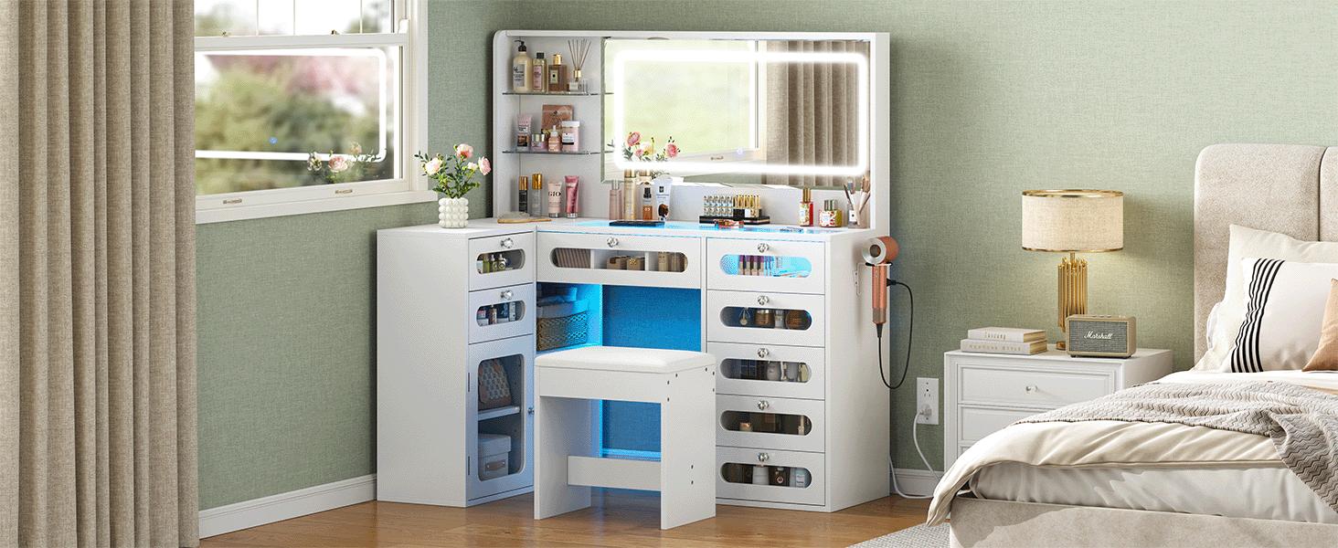CollaredEagle Vanity Desk Set- L Makeup Vanity with Mirror and Lights 3 Lighting Modes, Large Dressing Table with 58Tempered Glass Drawers with Open Storage Shelves Vanity Table, White Upgraded