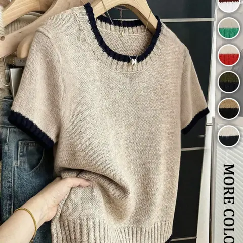 Women's Simple Round Neck Knitted Short Sleeve Top for Daily Commuting and Dating, Casual and Comfortable, Versatile Everyday Wear, Knitwear Womenswear Fit, Knit Clothing Daily