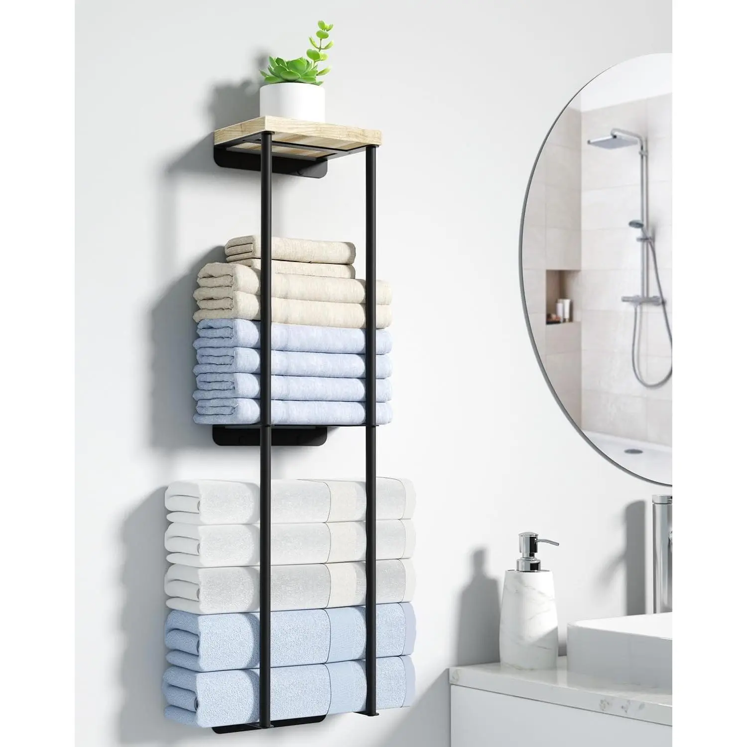 Towel Racks for Bathroom, 2 Tier Wall Towel Holder with Wood Shelf, Metal Wall Mounted Towel Rack Bathroom Organizers and Storage, Black | Sturdy anti-rust metal frame, natural wood shelf, wall-mounted space-saving design for bathroom towel storage