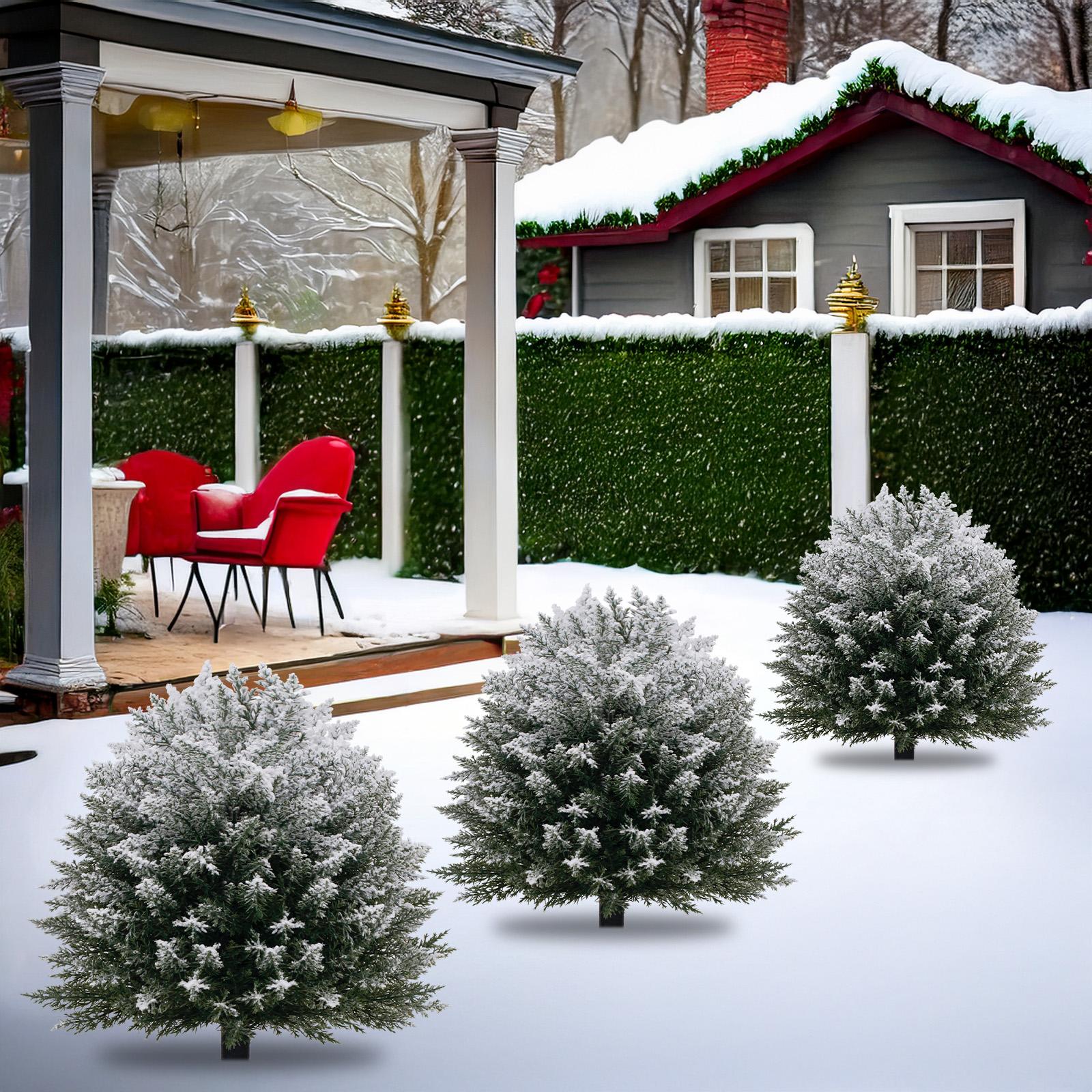 1 Pack / 2 Pack Artificial Cedar Topiary Ball Trees with Spikes, 21 Inch with Snow Christmas Outdoor Decorations, UV Resistant Artificial Plants for Porch, Patio or Flower Pots