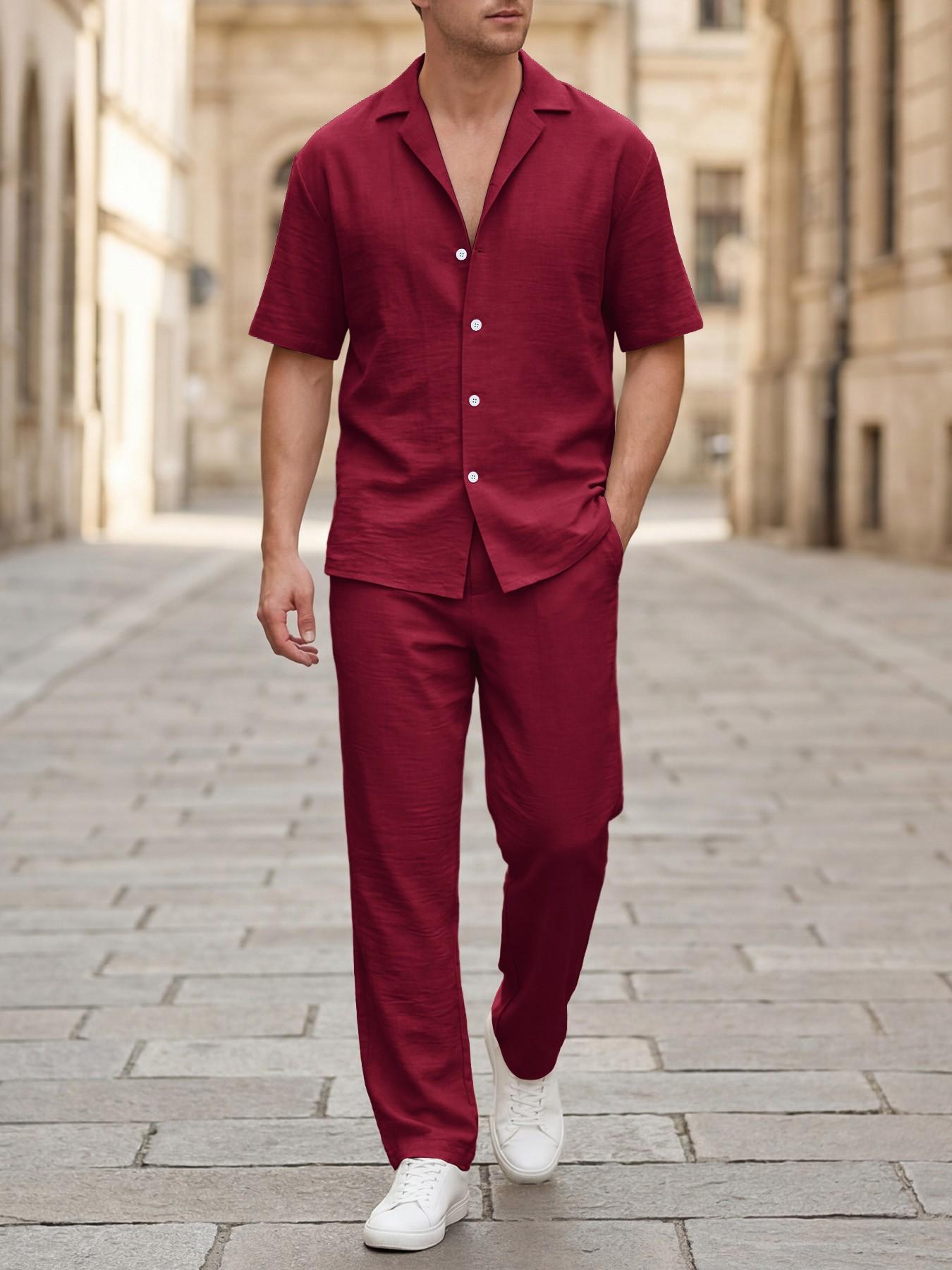 Two-Piece Set Men's Solid Color Button Shirt & Drawstring Waist Pants, Loose Stylish Casual Outdoor Short Sleeve Top & Trousers, Summer Outfits for Men