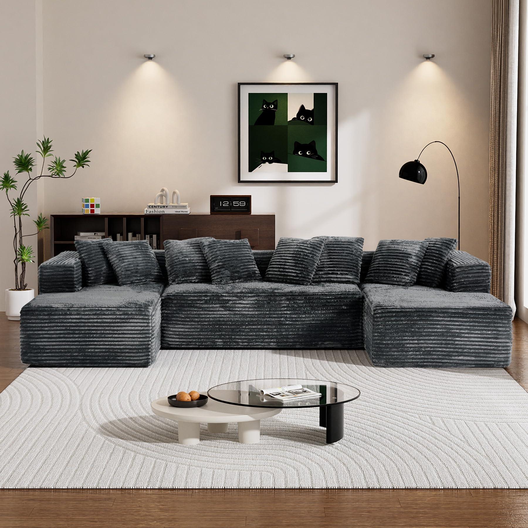 【3 Packages Shipping】Modular Sectional Sofa Cloud Couch 131" Black Boneless Sectional Couches for Living Room Comfy Deep Seat Plush Corduroy Sofa Modern Fluffy Memory Foam U Shape Couch with Chaise Lounge Modular Sectional Couch