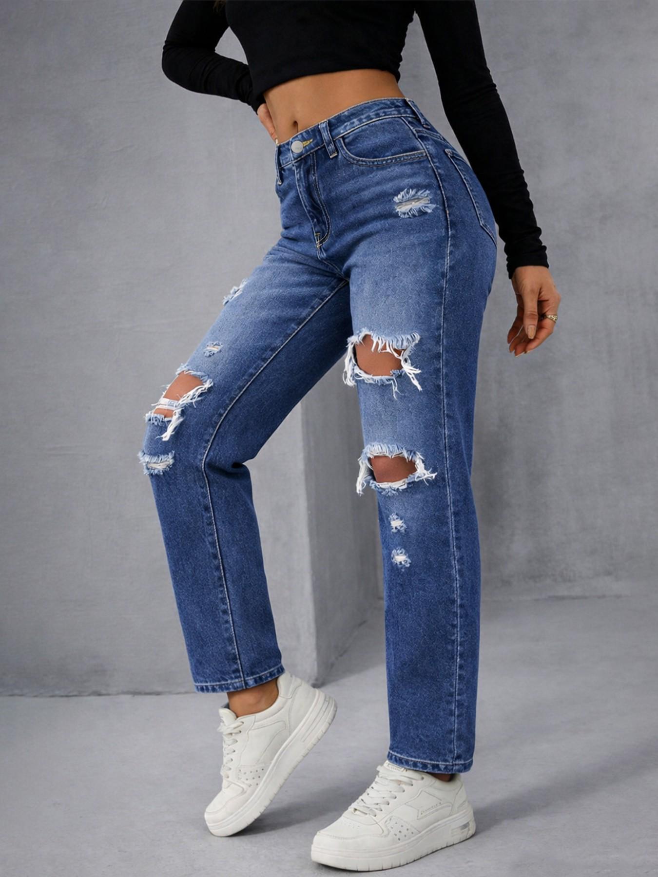 Women's High-Waisted Denim Jeans, Spring & Fall Casual Fitted Straight-Leg Pants, Blue Washed Street Style Distressed Design