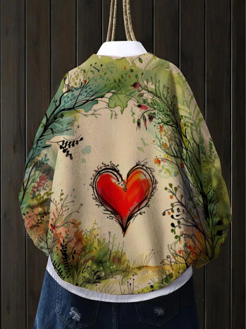 Women's Heart Print Stand Collar Sweater, Fall Winter Casual Long Sleeve Knitwear, Comfortable Warm Daily Wear, Elegant Design