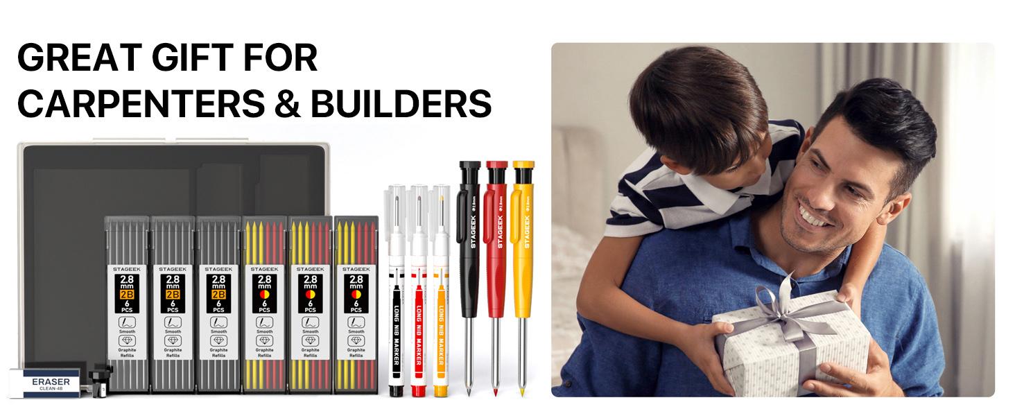 STAGEEK 4 Pack Carpenter Pencil with Sharpener, Mechanical Pencils Set with 52 Refills (Red, Black, Yellow,Green), Deep Hole Marker Construction Heavy Duty Woodworking Pencils - With Case,All-in-One DIY &Tools and Gadgets, Hand Tools