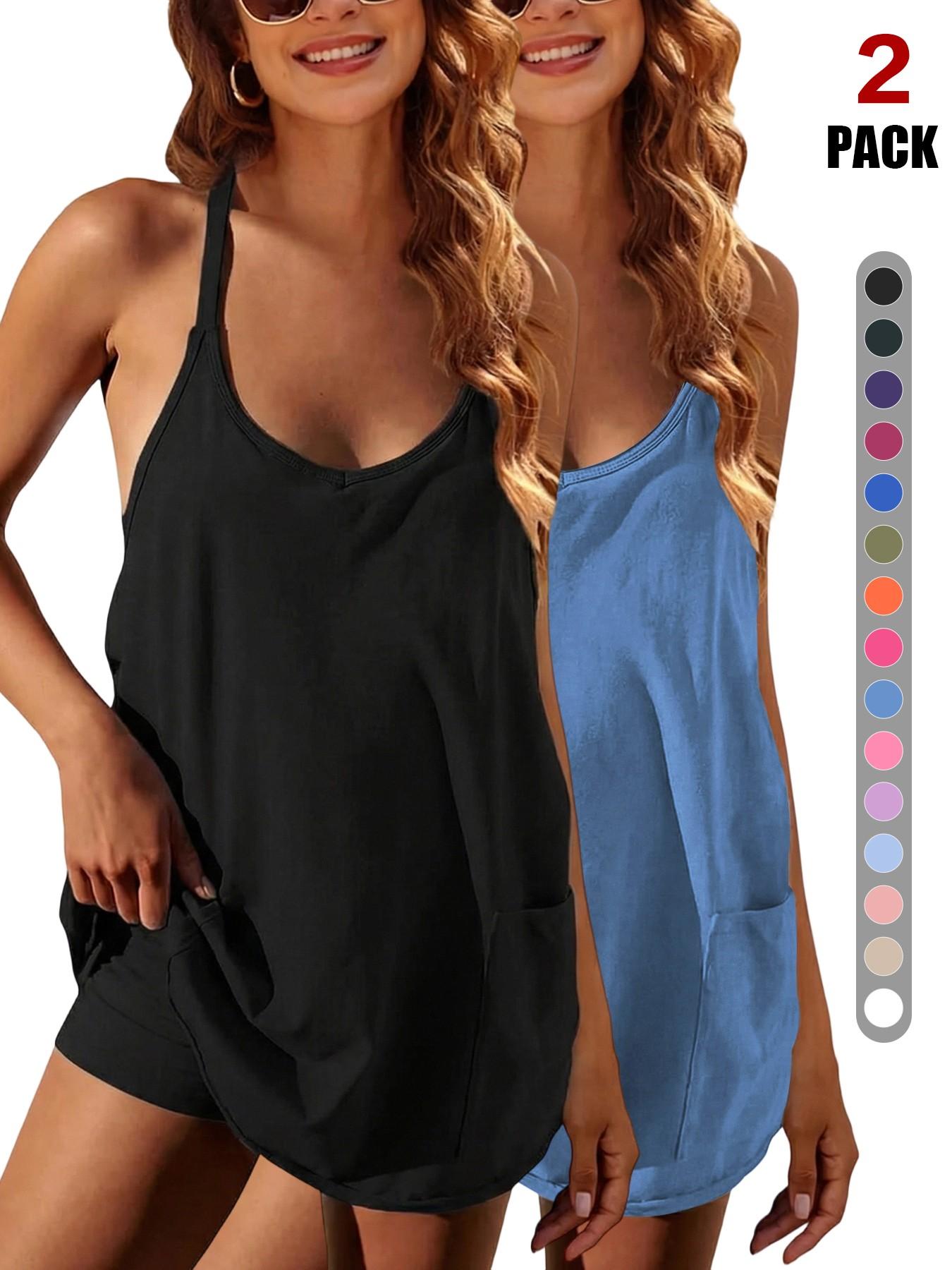 Womens Workout Romper Dress with Shorts Underneath Sleeveless Spaghetti Straps Athletic Outfits Casual Vacation