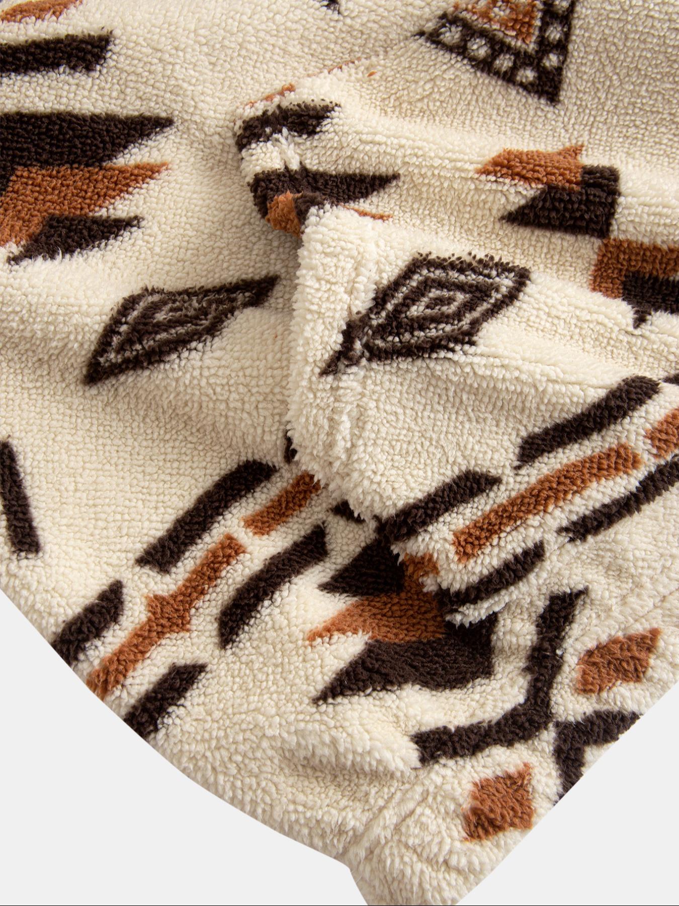 Men's Flannel Ethnic Print Hoodie, High Neck Half-Zip Pullover with Pocket, Warm Autumn Winter Casual Sportswear