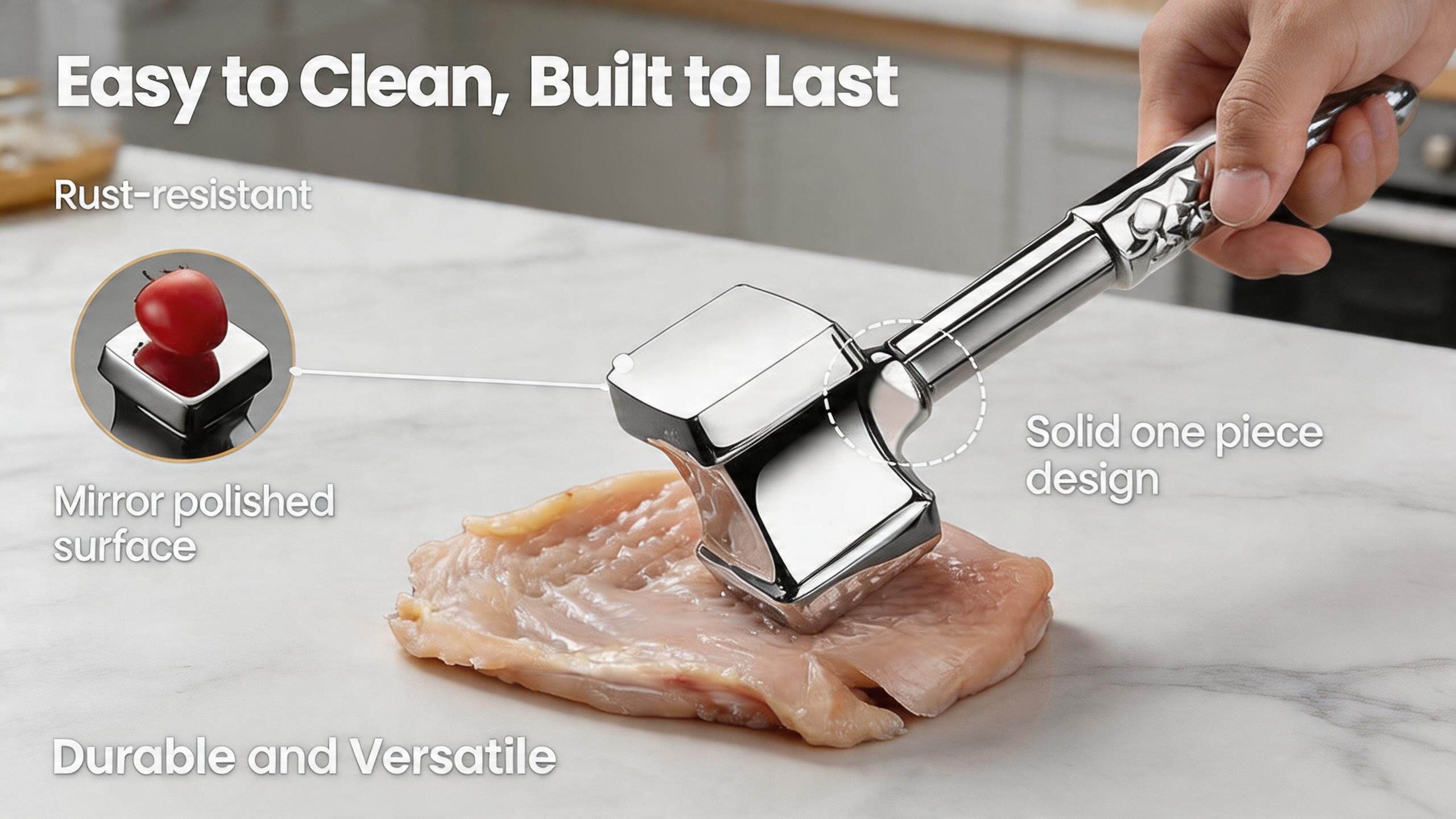 Dual-Sided Stainless Steel Kitchen Meat Tenderizer Tool with Non-Slip Grip, Ideal for Steaks & Poultry, Dishwasher Safe, Backed by Lifetime Guarantee