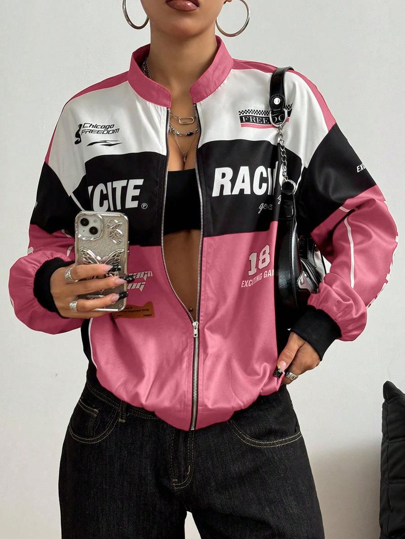 Spring Bomber Jacket Long Sleeve Zip Up Racing Jackets Color Block Y2k Outerwear Vintage Streetwear