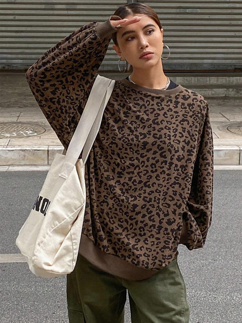 Women Loose Fit Round Neck Corduroy Leopard Print Ribbed Sweatshirt,Long Sleeve Tops,Fall Clothes,Back To School Clothes