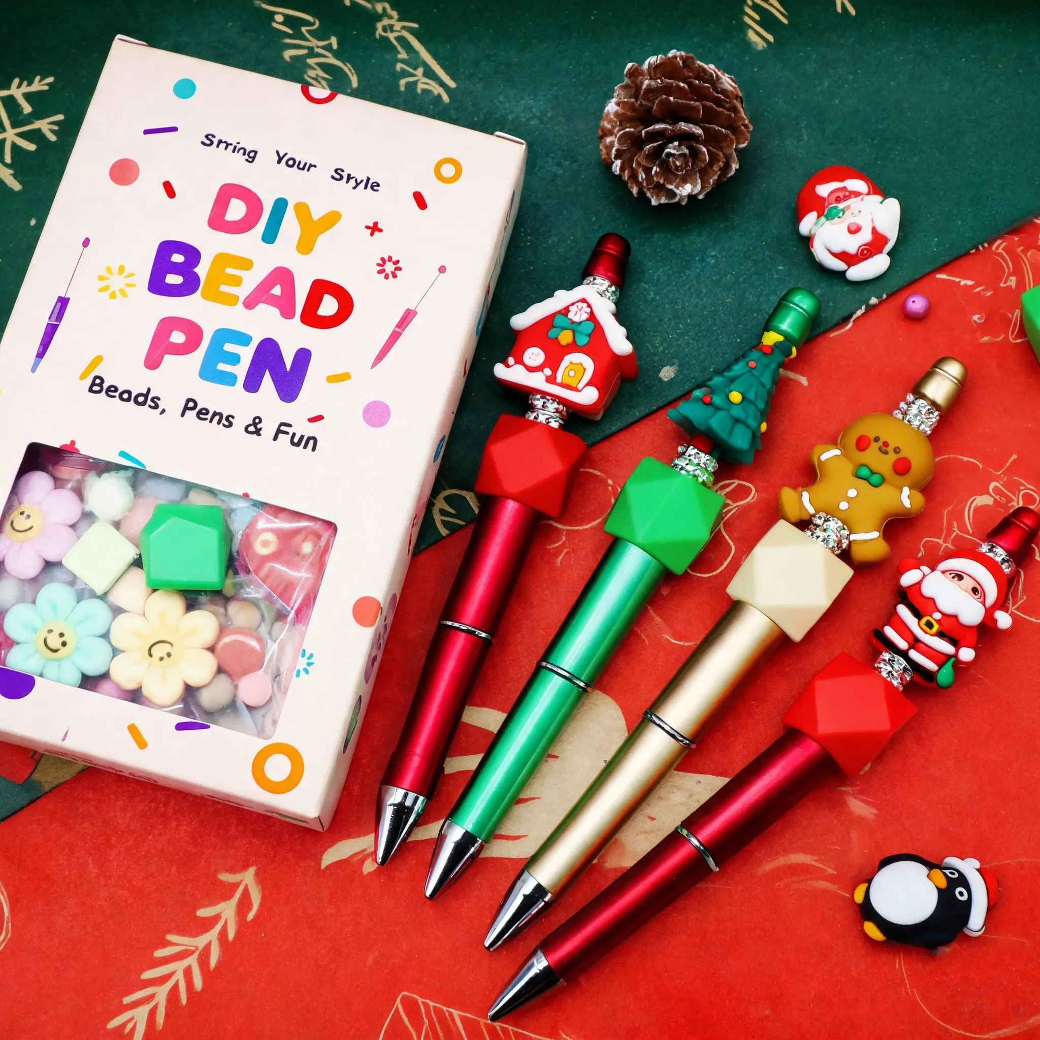 DIY Bead Pen Christmas Gift Box, 3D Silicone Beads Santa Deer Tree, 8 Ink Pens, Wood Beads, Charms, Storage Box, Craft Kit, Office Supplies, Student Back-To-School, Holiday Birthday Party Gift