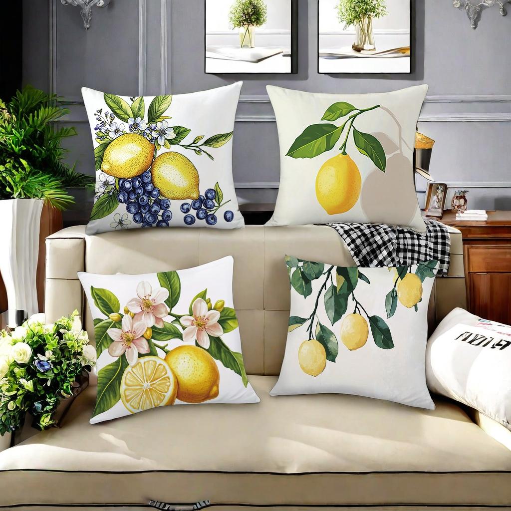 Lemon Pattern Cushion Cover, 4 Counts/set Square Throw Pillow Cover without Filler, Household Decoration Supplies for Home Living Room Bedroom