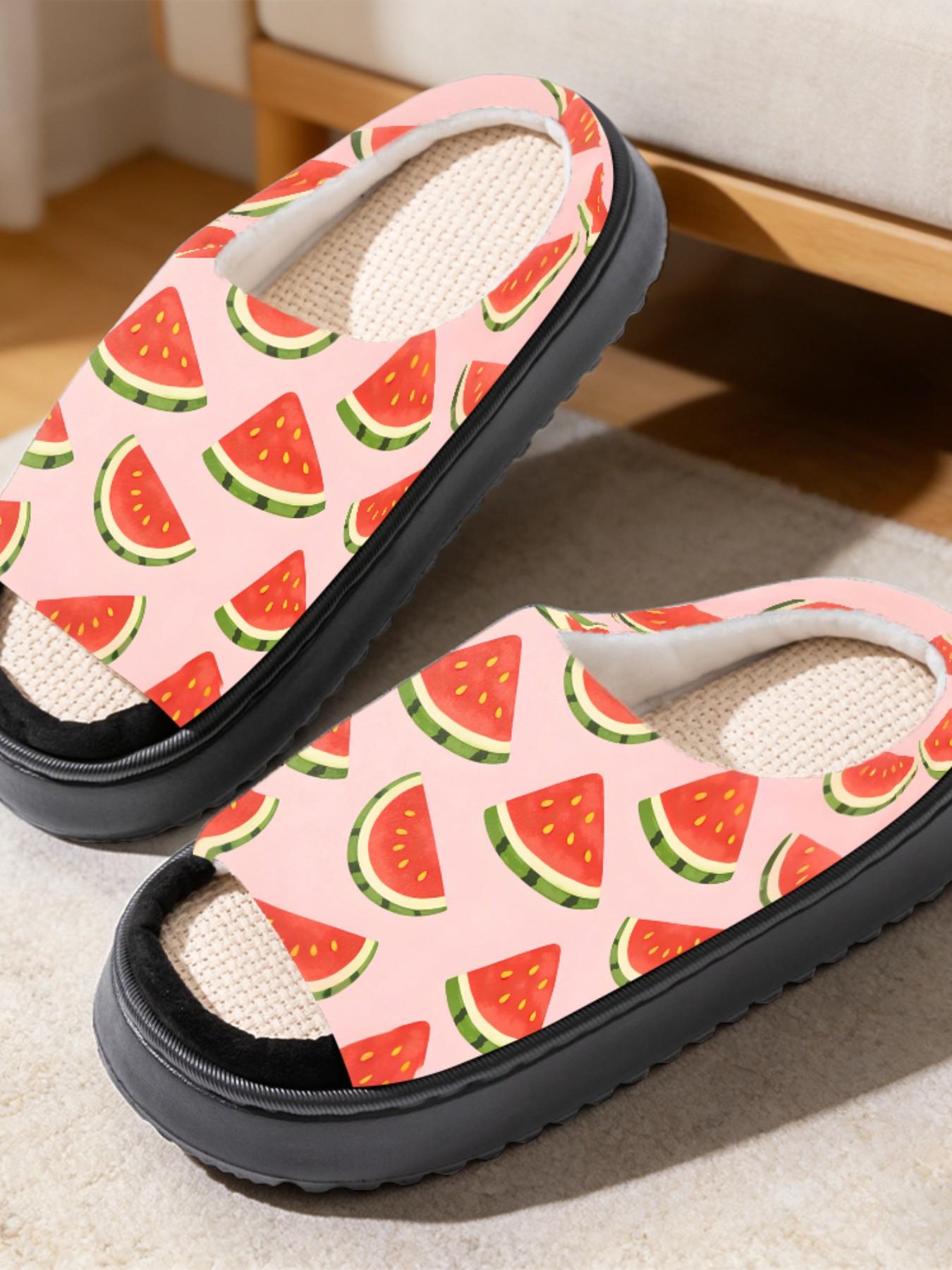 Cute Watermelon Slice Print Linen Open-Toe Sandals, Casual Textile Eva Sole, All-Season Less Than Ankle Height, Cartoon Pattern Design