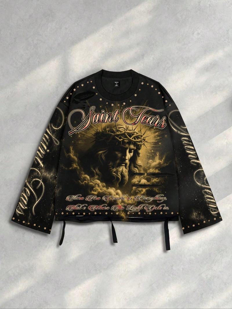 Men's Vintage Street Style Saint Print Long Sleeve Round Neck T-Shirt, Loose-Fitting Short Fit, Fall 2000s Fashion